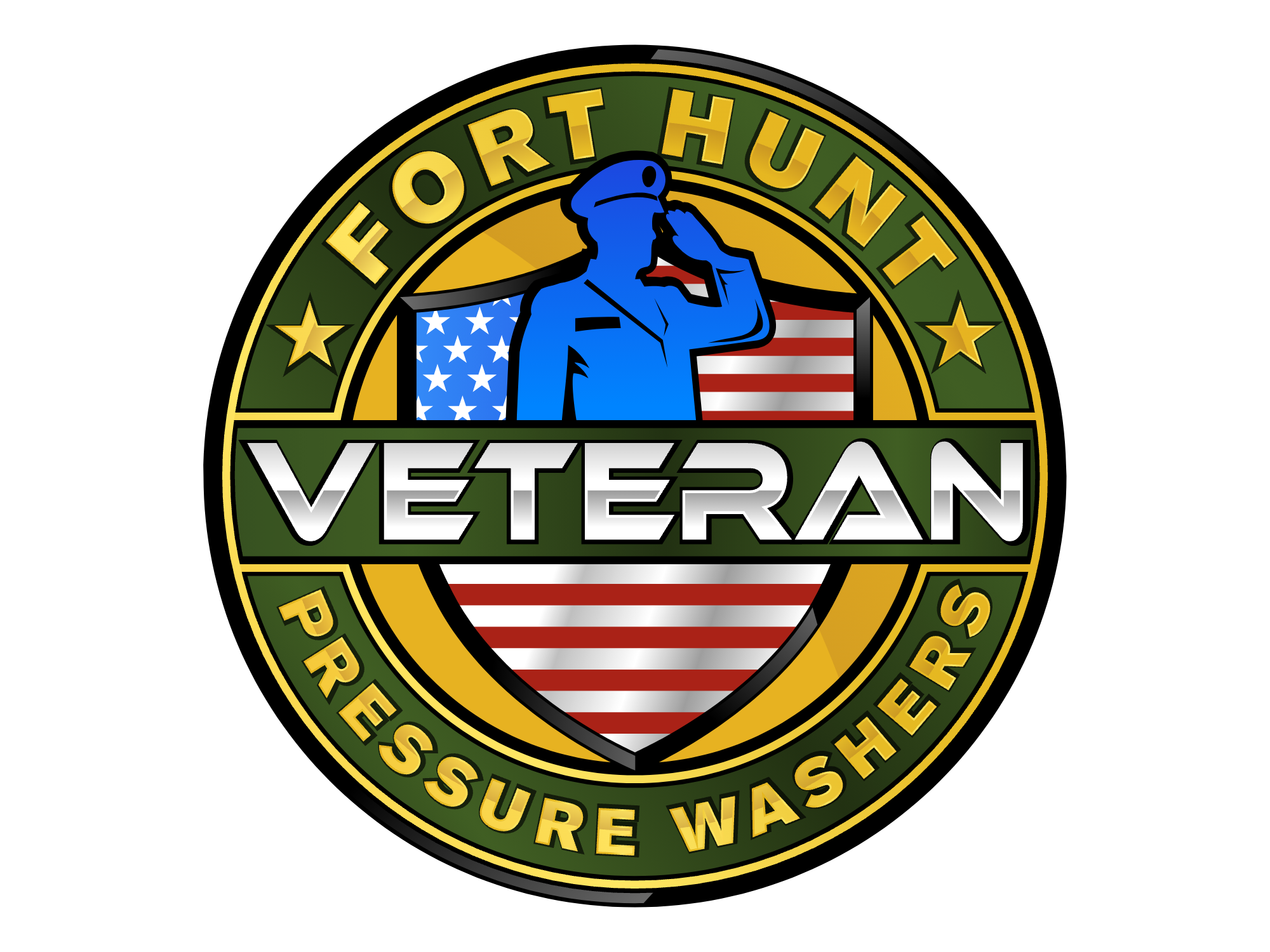 Fort Hunt Veteran Pressure Washers circular logo featuring a blue silhouette of a servicemember over the American flag with gold trim, representing professional pressure washing and veteran-owned exterior cleaning services in Alexandria, Virginia.